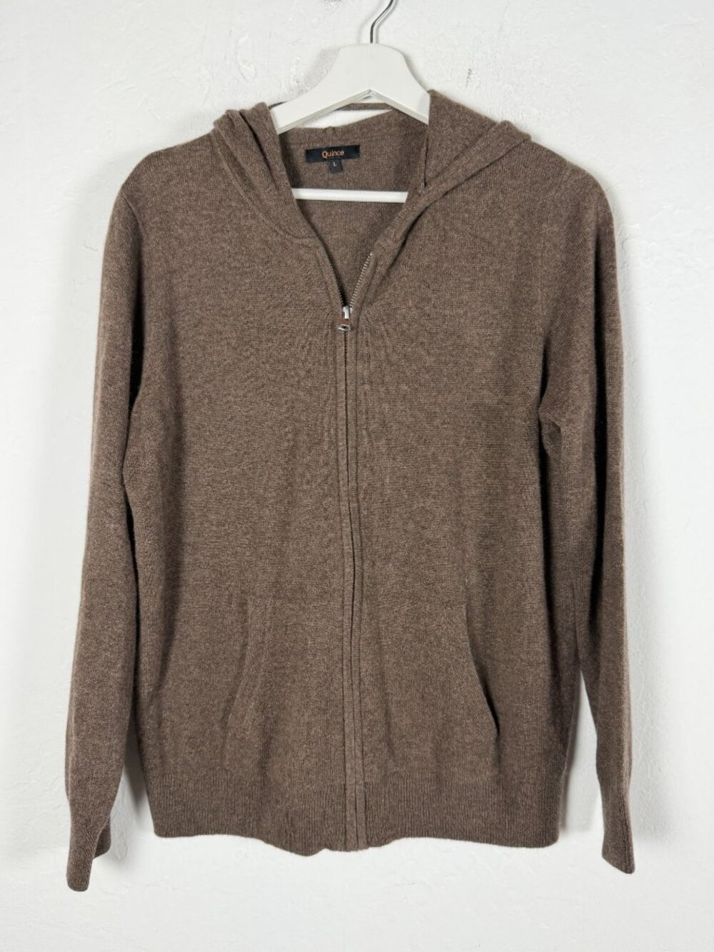 Quince Womens 100% Cashmere Full Zip Hoodie Sweater Brown Large Pockets Casual